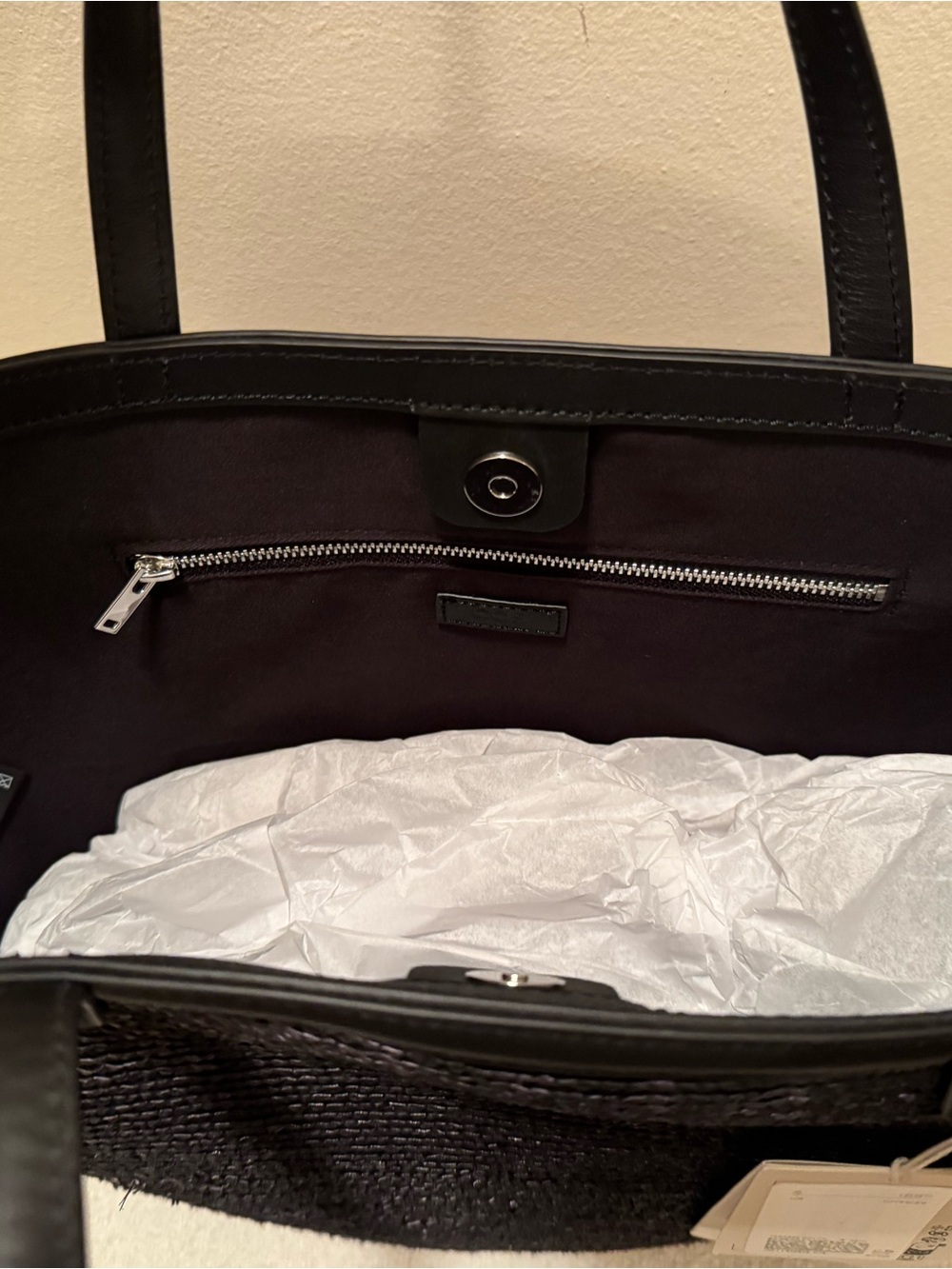 COS SALTWATER Straw Tote Bag - Black - Fully Lined w/ Genuine Black Leather Trim - Picture 8 of 8